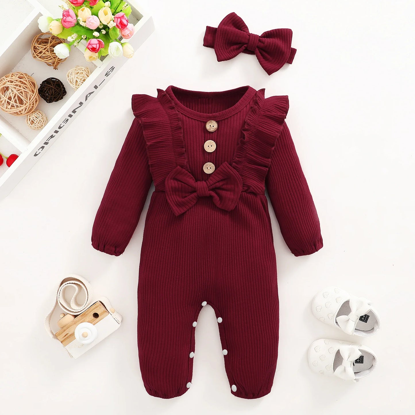 0-18 Months Baby Girl Long Sleeved Romper Outfit with Headband