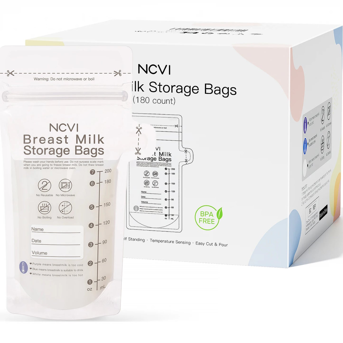 Breastmilk Storage Bags, 200ml Milk Freezer Bags for Breastfeeding, Temp-Sensing, Doubled-Sealed,Preservation Bag, BPA Free