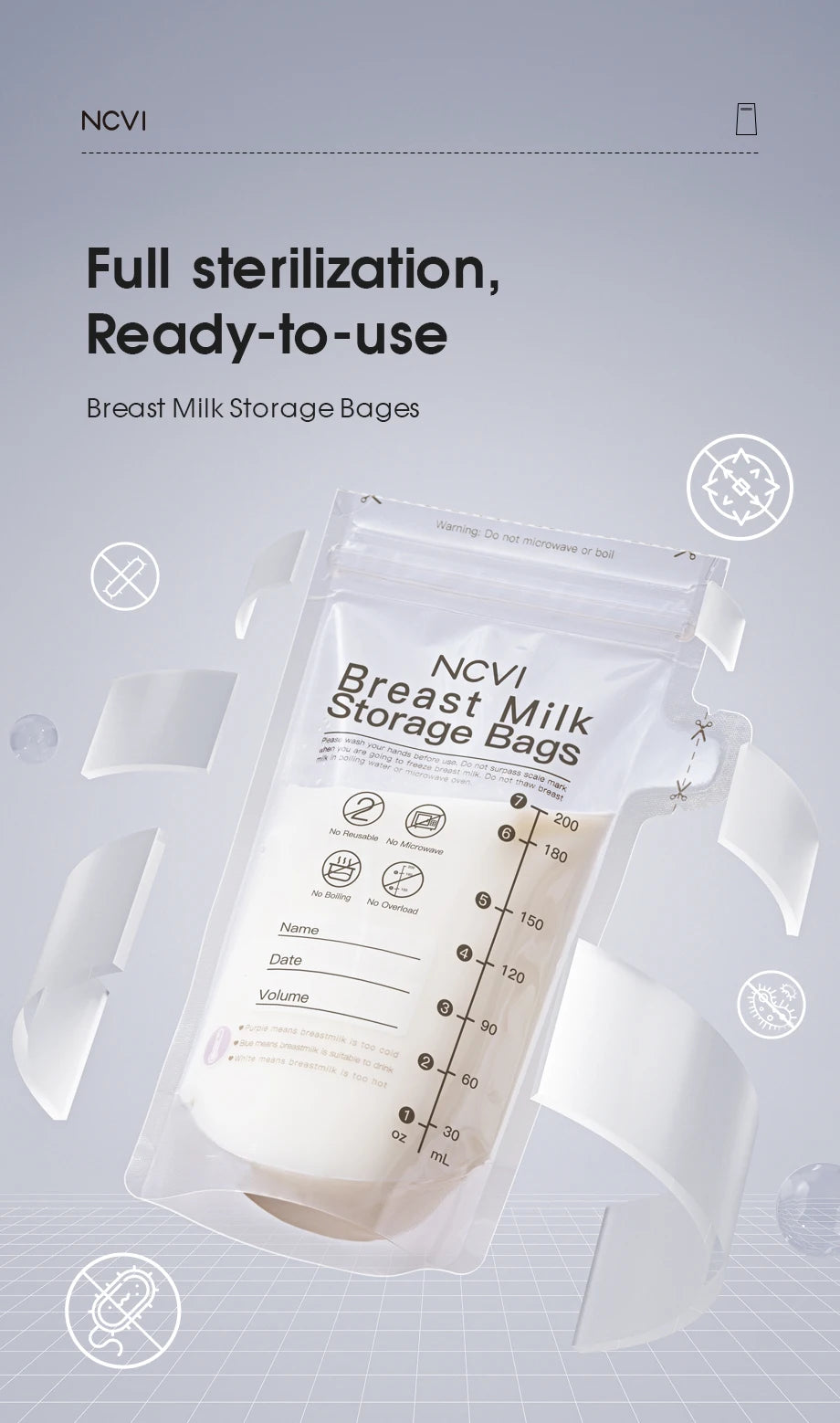 Breastmilk Storage Bags, 200ml Milk Freezer Bags for Breastfeeding, Temp-Sensing, Doubled-Sealed,Preservation Bag, BPA Free