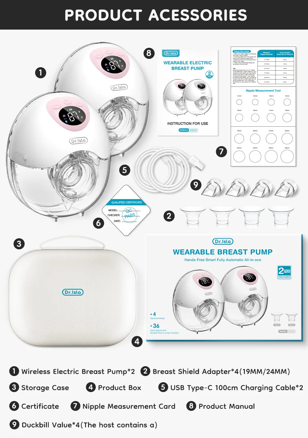 Wearable Electric Breast Pump 4 Modes 36 Suction Levels Hands Free Breast Pumps Milk Collector with 19/24mm Flange