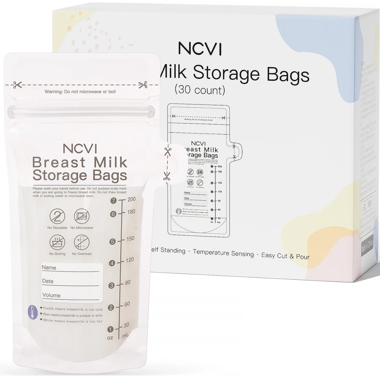 Breastmilk Storage Bags, 200ml Milk Freezer Bags for Breastfeeding, Temp-Sensing, Doubled-Sealed,Preservation Bag, BPA Free