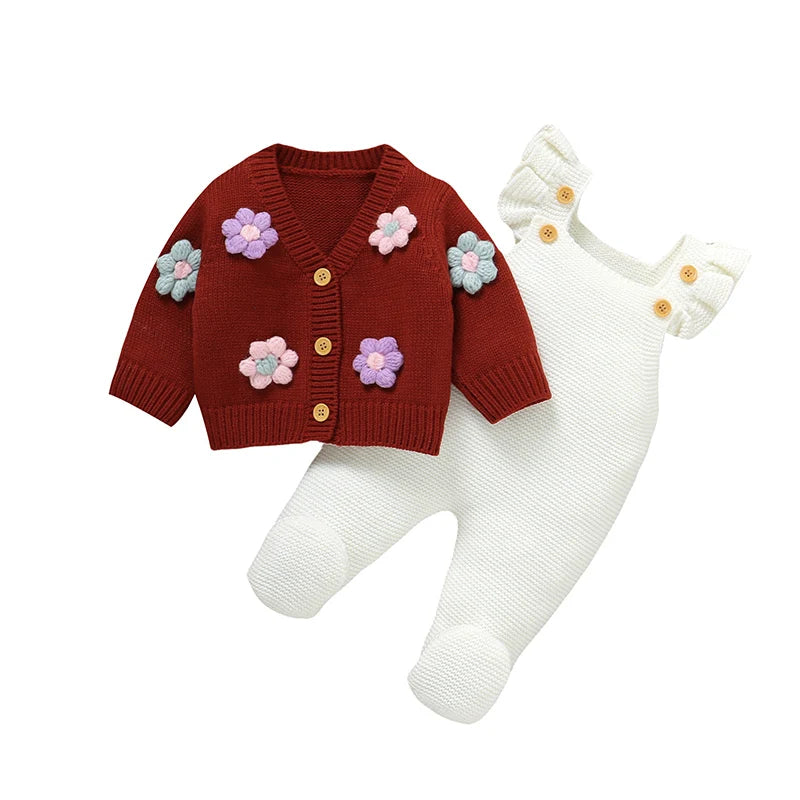 Knitted Baby Floral Clothing Sets Girl Casual Long Sleeve Knitwear Jackets + Rompers Outfit 0-18m