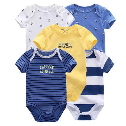 5Pcs Cartoon Short Sleeve Baby Unisex Bodysuits Soft 100% Cotton