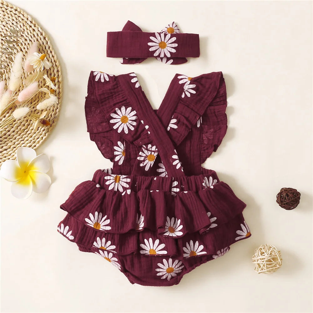 Infant Baby Girl Ruffle Sleeveless Bodysuit with Headband