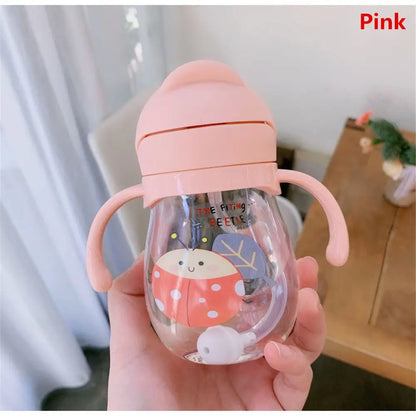 250ML Cartoon Pattern Outdoor Child Drinking Bottle with Straw Baby Feeding Cup for Kids Training Portable Handle Water Bottle