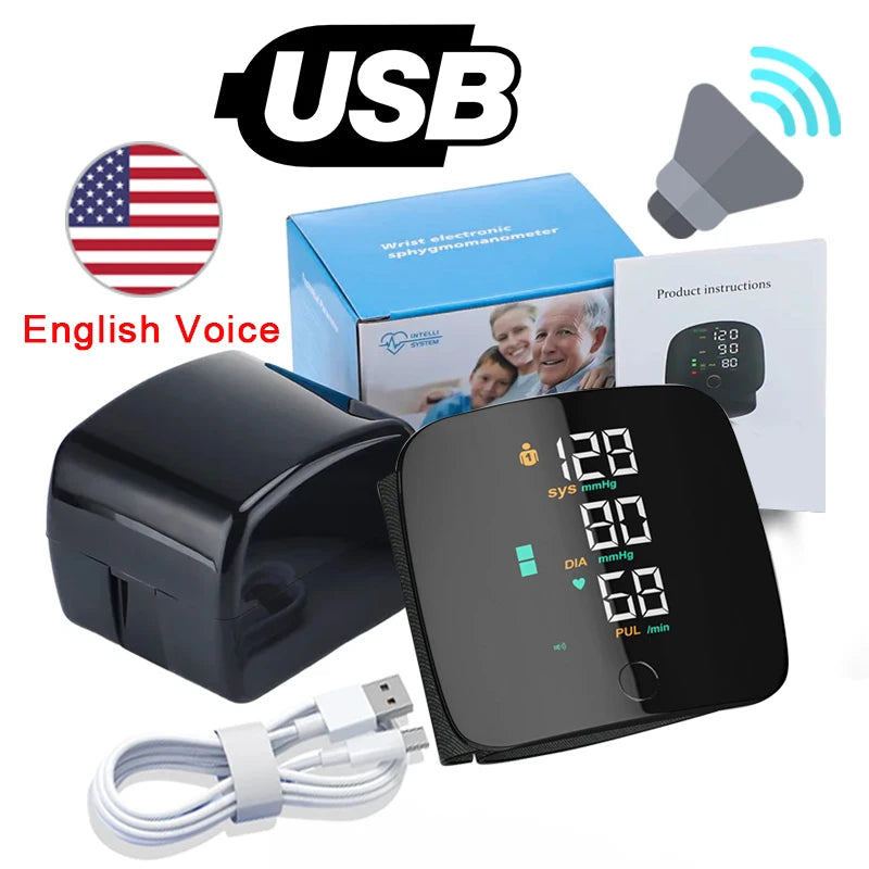 New Touch Screen LED Rechargeable Wrist Blood Pressure Monitor Russian / Arabic / Spanish Voice Broadcast Tonometer BP Monitor