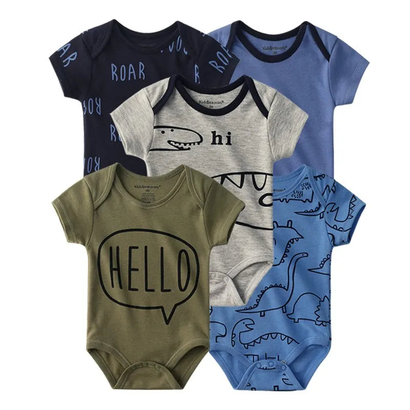 5Pcs Cartoon Short Sleeve Baby Unisex Bodysuits Soft 100% Cotton