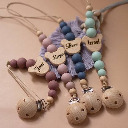 Custom Name Wooden Personalized Baby Pacifier Chain Silicone Bead Dummy Nipple Holder Guard Teether Pendant