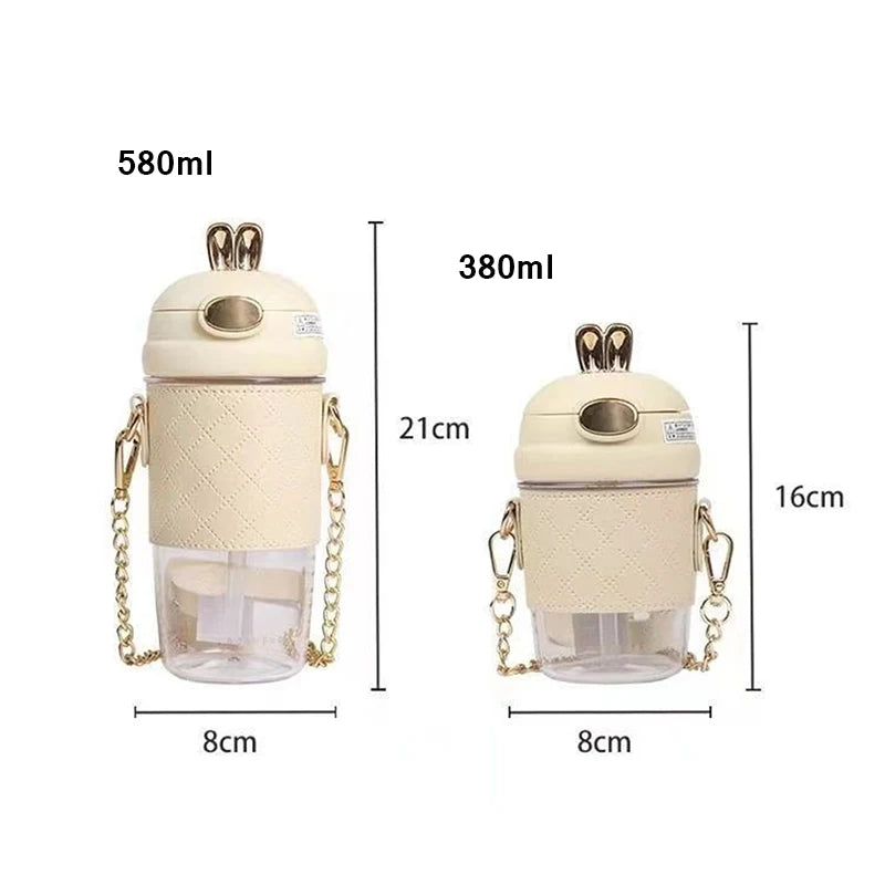 Simple Fashion Plastic Water Bottle For Girls With Leather Sleeve And Strap Straw Adult Pregnant Women Portable Sippy Cups