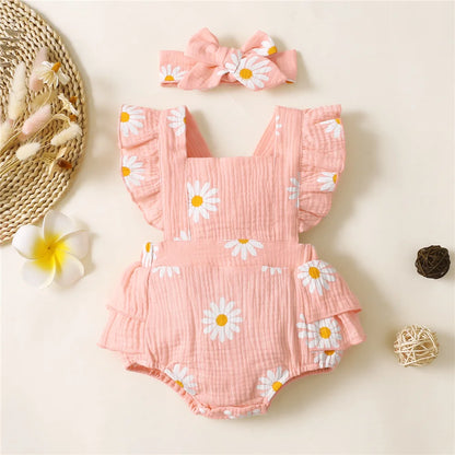 Infant Baby Girl Ruffle Sleeveless Bodysuit with Headband