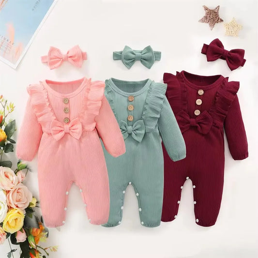 0-18 Months Baby Girl Long Sleeved Romper Outfit with Headband