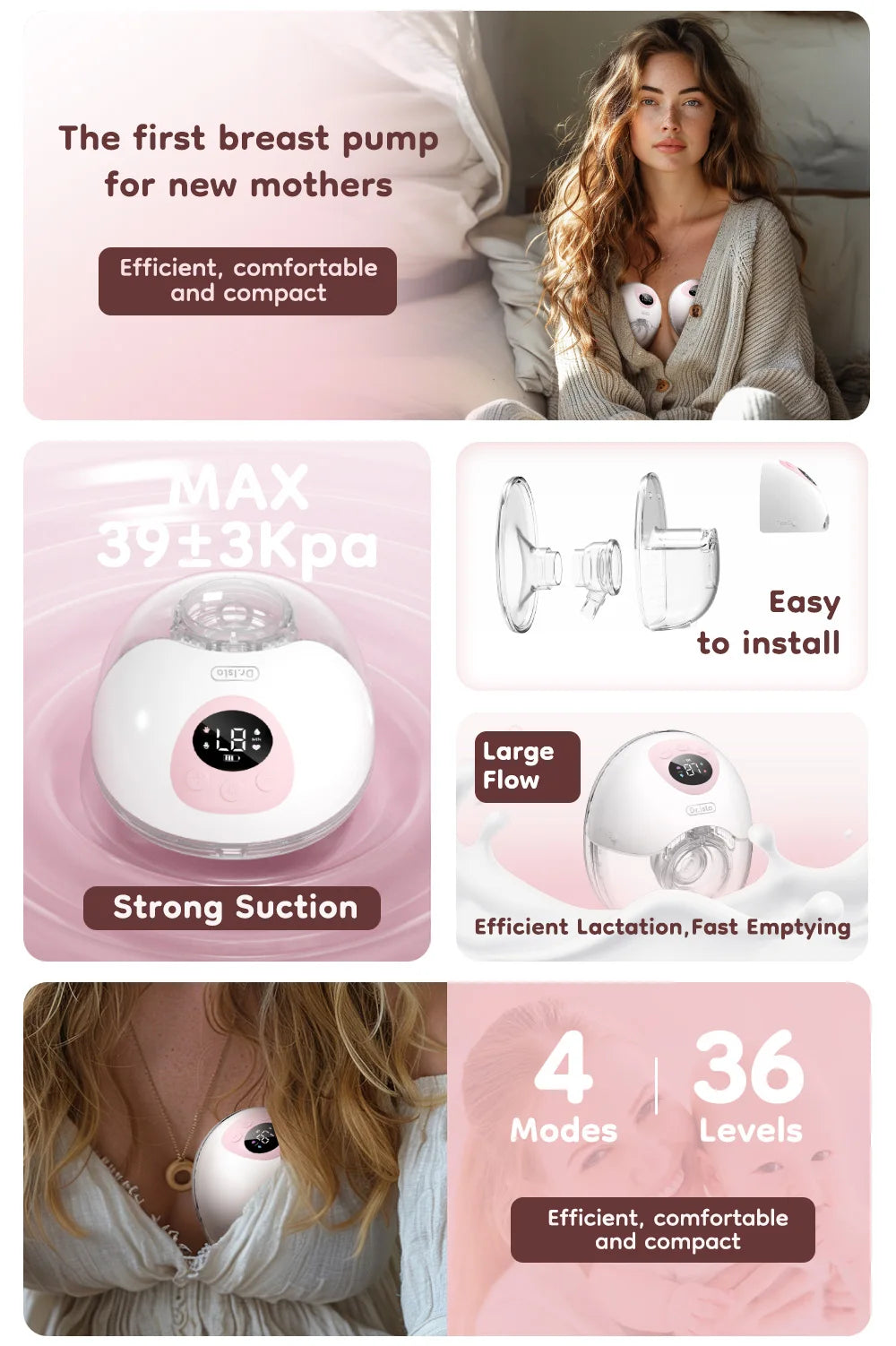 2PCS Wearable Electric Breast Pump 4 Modes 36 Suction Levels Hands Free Breast Pumps Milk Collector with 19/24mm Flange