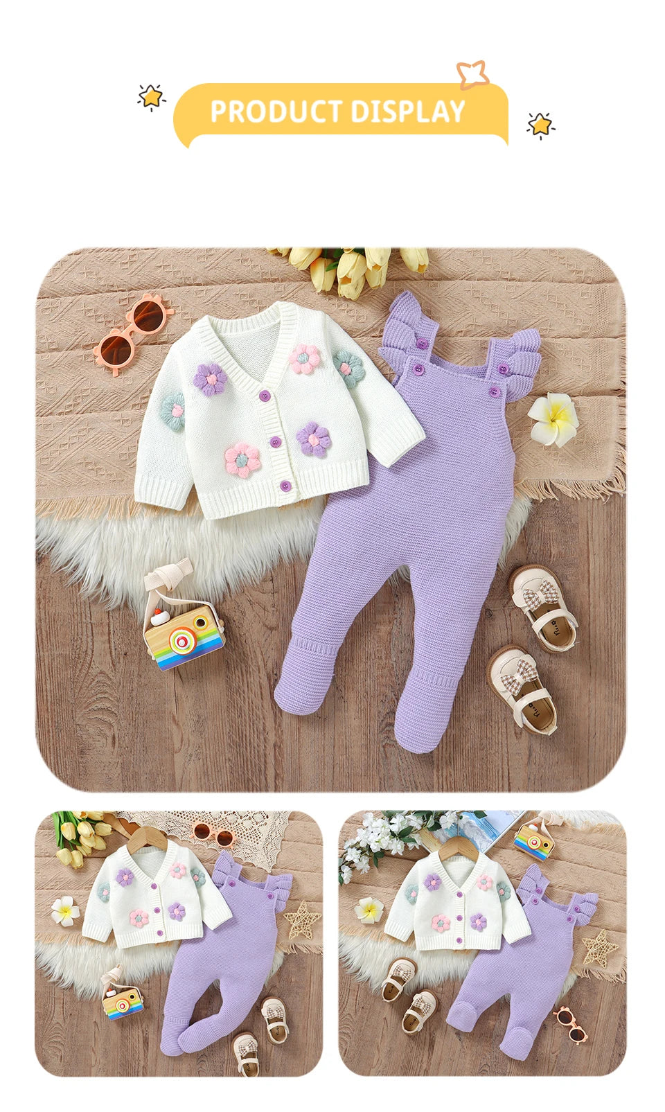 Knitted Baby Floral Clothing Sets Girl Casual Long Sleeve Knitwear Jackets + Rompers Outfit 0-18m