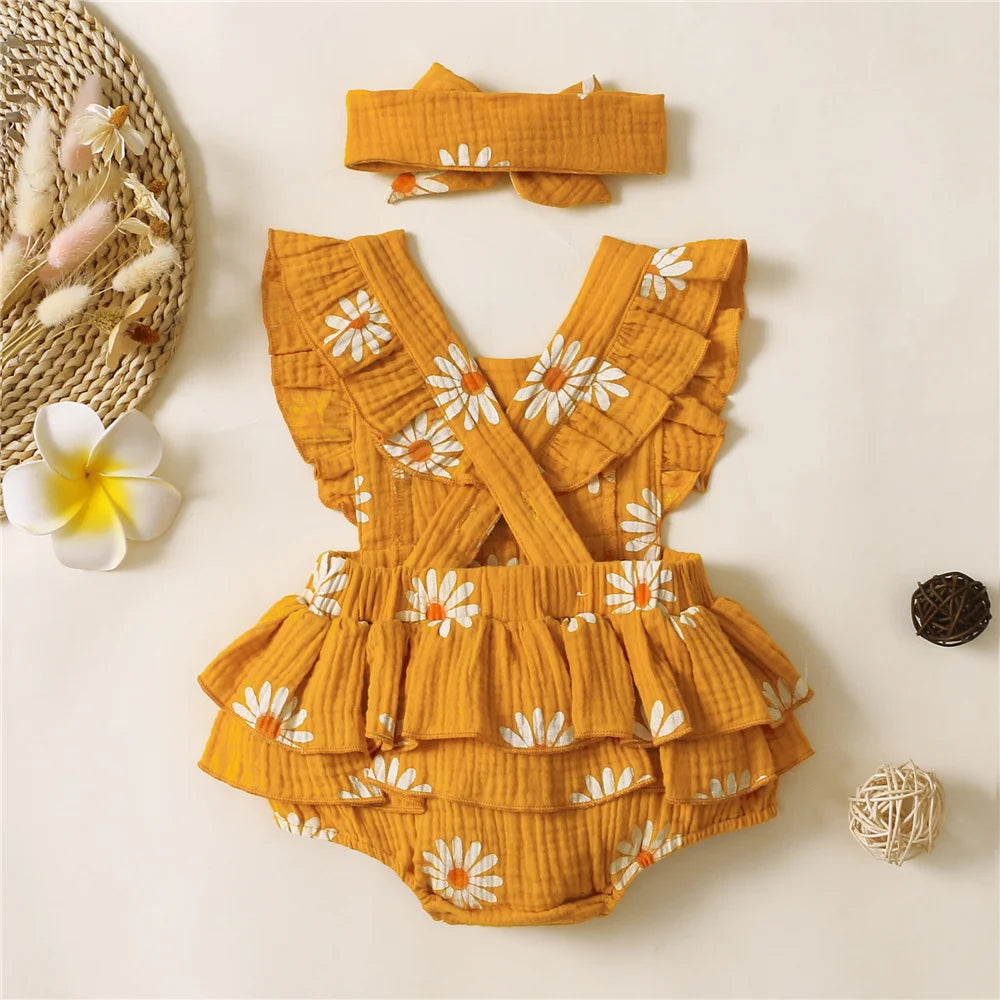 Infant Baby Girl Ruffle Sleeveless Bodysuit with Headband