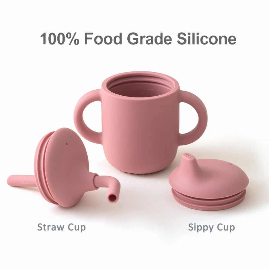 1PC Silicone Baby Cups Sippy Cup Double Lids Water Bottle Kids Portable Baby Tableware Learning Feeding Baby Item BPA Free